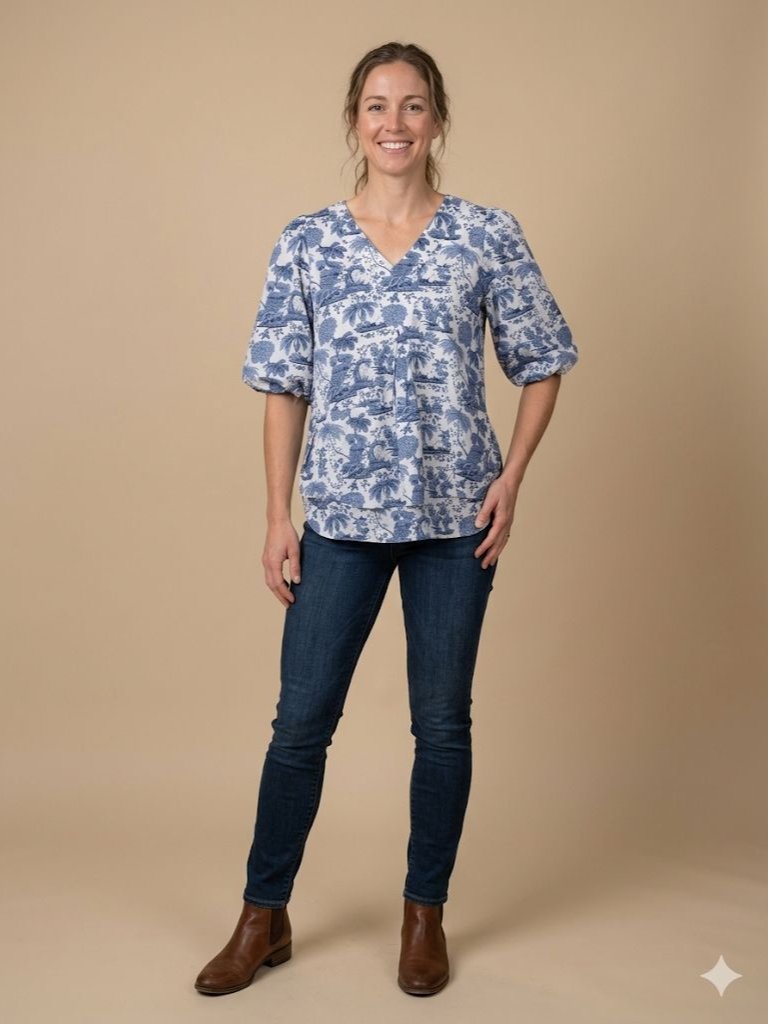 Cynthia Rowley Blue White Tropical Toile Blouse Size M Puff Sleeve Linen Blend
